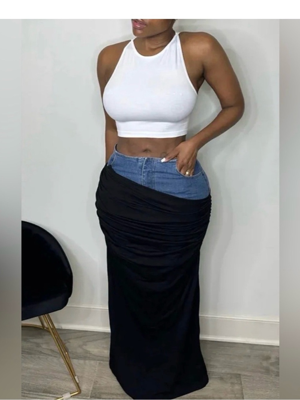 High-Waist Black Maxi Skirt with Denim Waistband